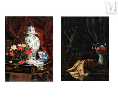 two paintings of vases with flowers on a table
