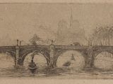 un vieux dessin représentant un pont enjambant une rivière, avec un bâtiment en arrière-plan