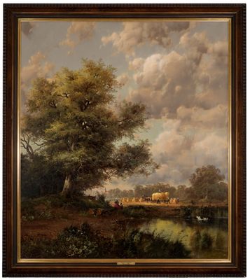 an oil painting of cows grazing on a river bank by a tree