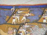 painting of a group of people playing with animals in a field