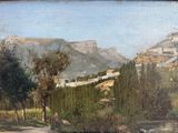 an oil painting of a view of a mountain range with a road in the foreground and trees in the foreground