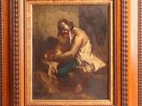 an old painting of a woman washing a dog in a wooden frame