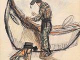 dessin représentant un homme et une femme dans une barque avec un filet de pêche