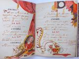 an open book with a drawing of a man in a carriage on it
