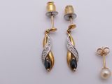 two pairs of gold and diamond earrings and a pair of pearl earrings
