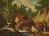 tableau représentant un homme et une femme assis sur un rocher au bord d'un ruisseau
