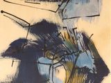 abstract painting of a man with a hat and a flower in a vase