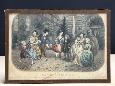 Magasin des demoiselles. Gravure couleur sous verre.