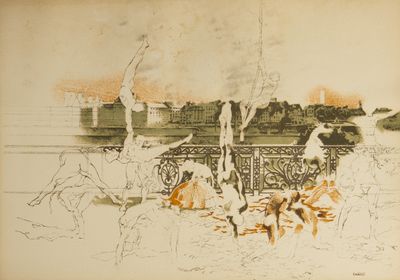 drawing of a group of people sitting on a bench near a body of water
