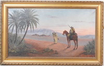 une peinture à l'huile représentant un homme à cheval, avec un cheval en arrière-plan