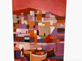 an abstract painting of a boat on a body of water with buildings in the background