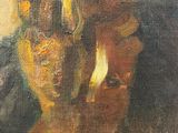 an oil painting of a woman with a hat on her head