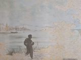 a drawing of a man standing on a beach next to a body of water