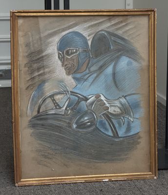 painting of a man in a helmet and helmet holding a steering wheel