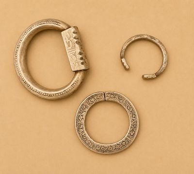 trois bijoux en argent posés sur une surface beige clair