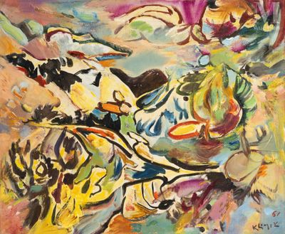 an abstract painting of a group of people in various colors