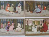 four christmas cards of children playing in the snow with snowmen and snowmen