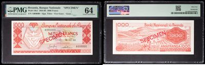 three different types of currency are on display in a display case