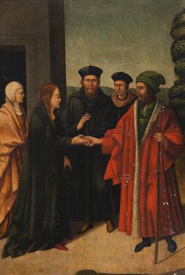 un tableau représentant un groupe de personnes debout autour d'un homme vêtu d'une robe rouge