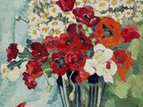 peinture représentant des fleurs rouges et blanches dans un vase posé sur une table