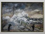 painting of a man and a dog standing in front of a painting of a steam engine