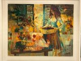 un tableau représentant une femme assise à une table devant un bol de fruits