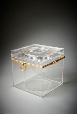 une boîte transparente avec une poignée dorée sur fond gris