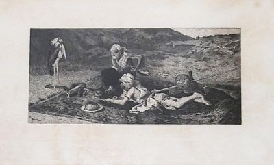 a black and white photo of a group of people sitting on a hill