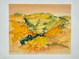 a watercolor painting of a landscape with yellow flowers