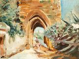 painting of an archway in a desert with a cactus plant in the foreground