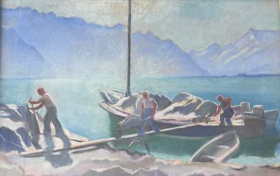 a painting of a group of people on a boat