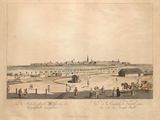 drawing of a view of a city with a horse drawn carriage in the foreground