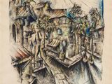 an image of a drawing of a man standing on a bridge