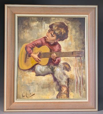 une peinture à l'huile représentant un jeune garçon jouant de la guitare dans une pièce