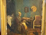 an old painting of a man sitting at a table with a cat