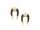 a pair of black and gold horseshoe earrings on a white background