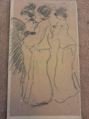 a drawing of two women standing next to each other on the floor