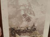 tableau représentant un paysage de montagne avec une calèche au premier plan