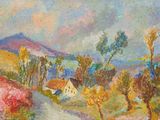 une peinture à l'huile représentant une route de campagne avec des maisons et des arbres en arrière-plan