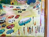 un tableau représentant une rue animée avec des voitures et des passants
