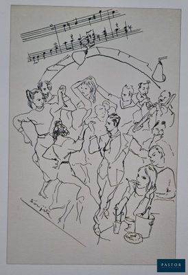 a black and white drawing of a group of people playing music