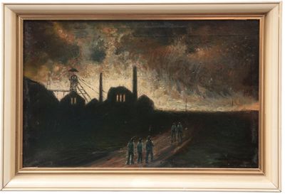 an image of a painting of people walking down a dirt road