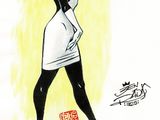 drawing of a woman in a white dress and black tights