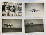 four black and white photos of a group of men standing in front of an airplane