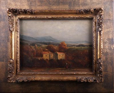 une image représentant un tableau représentant un paysage avec une maison au premier plan