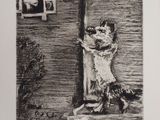a black and white drawing of a cat sitting on a ledge