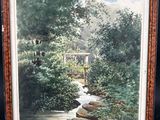 an oil painting of a stream running through a wooded area