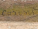 a close up of a painting of a bird on a ledge