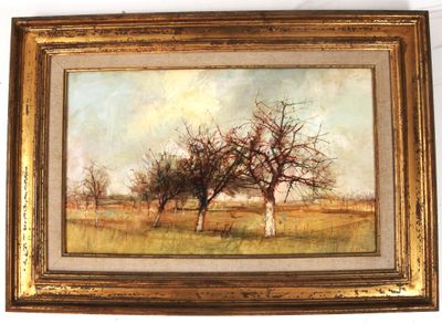 an oil painting of two trees in a field with a sky in the background
