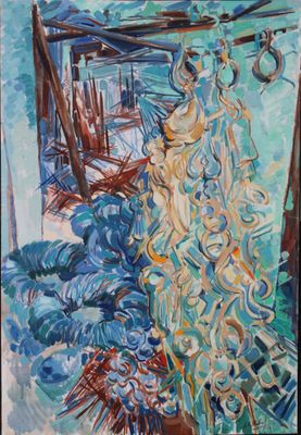 an oil painting of a woman standing in front of a window